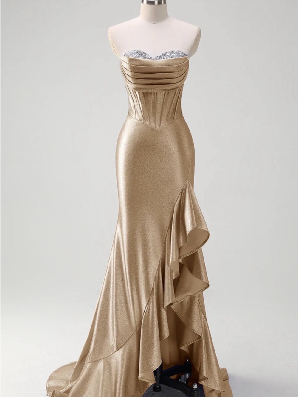 Champagne Prom Dress Corset Strapless
Mermaid Slit Size 2 Sparkly Satin